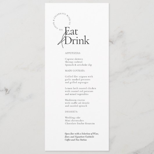 Zwart-wit minimalistisch eten en Drink bruiloft Menu (Voorkant)