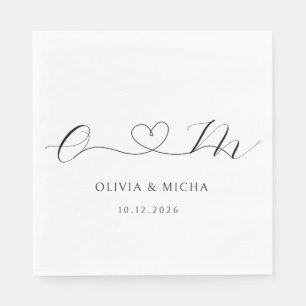 Zwart-Wit Minimalistisch Hart Monogram Trouwen Servet