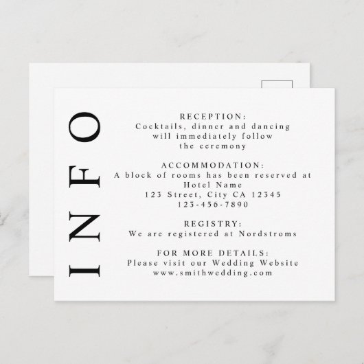 Zwart-wit minimalistisch info invoegen briefkaart (Voorkant / Achterkant)