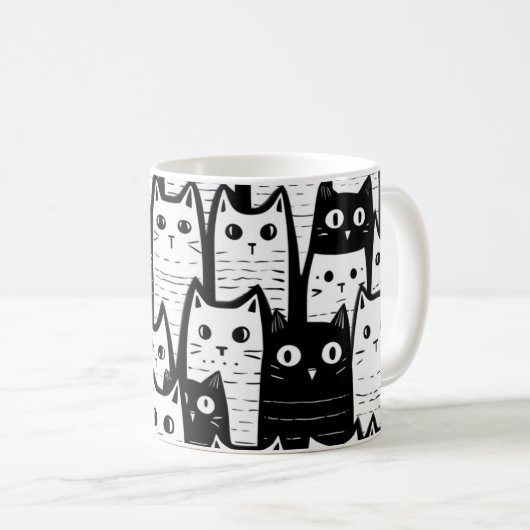 Zwart-wit minimalistisch kattenpatroon koffiemok (Voorkant rechts)