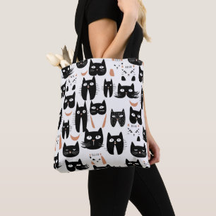 Zwart-wit minimalistisch kattenpatroon tote bag