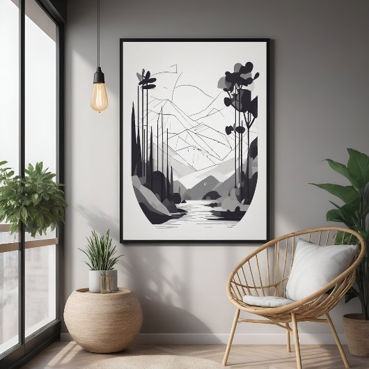 Zwart-wit minimalistisch landschap Abstracte kunst Poster