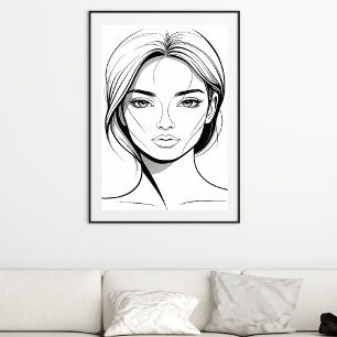 Zwart-wit minimalistisch lijnkunstposter van een v poster