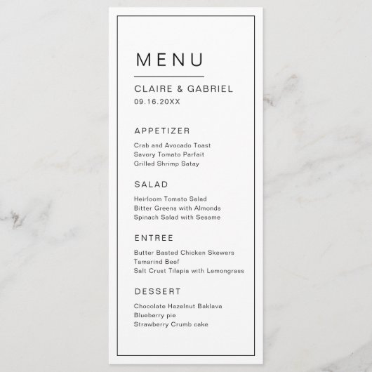 Zwart-wit minimalistisch modern huwelijksmenu menu (Voorkant)