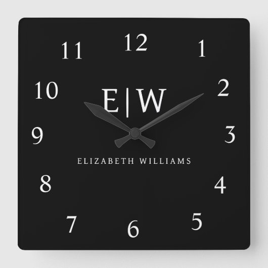 Zwart-wit Minimalistisch Modern Monogram Vierkante Klok (Voorkant)