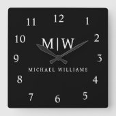 Zwart-wit Minimalistisch Modern Monogram Vierkante Klok (Voorkant)