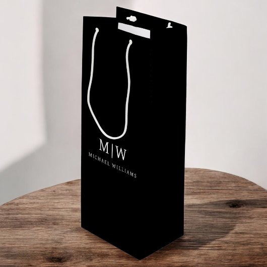Zwart-wit Minimalistisch Modern Monogram Wijn Cadeautas