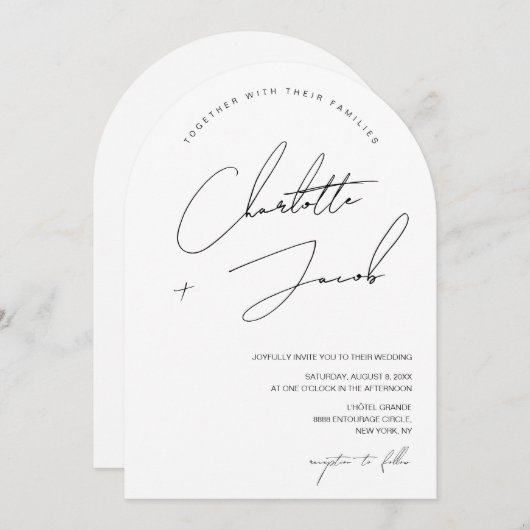 Zwart wit minimalistisch modern script boog bruilo kaart (Voorkant / Achterkant)