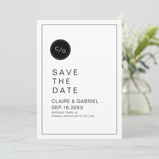 Zwart-wit-minimalistisch modern sparen de datum save the date (Staand voorkant)
