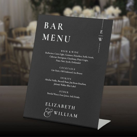 Zwart-wit minimalistisch monogram Bar Menu Reclamebord Met Voetstuk