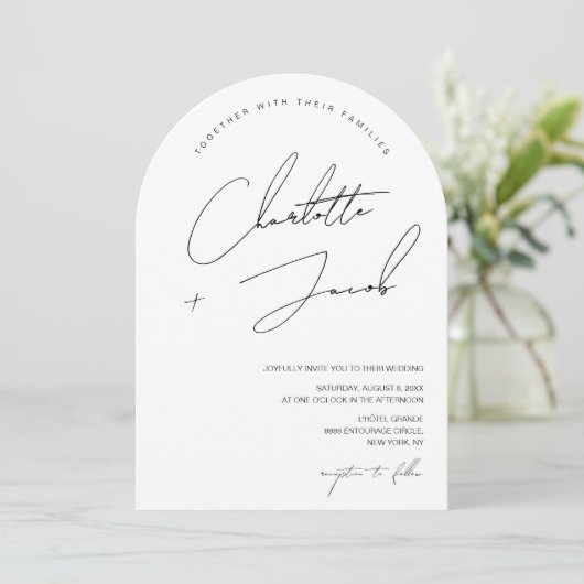 Zwart wit minimalistisch script boog foto bruiloft kaart (Staand voorkant)