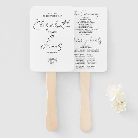 Zwart-wit minimalistisch script bruiloft programma handwaaier (Voorkant en achterkant)