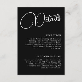 Zwart-wit minimalistisch script details bruiloft informatiekaartje