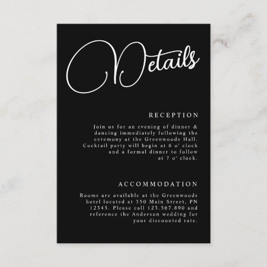 Zwart-wit minimalistisch script details bruiloft informatiekaartje (Voorkant)