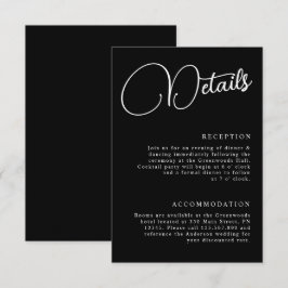 Zwart-wit minimalistisch script details bruiloft informatiekaartje