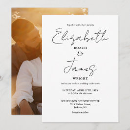Zwart-wit minimalistisch script foto-huwelijk kaart