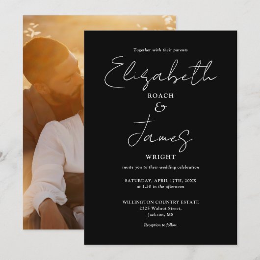 Zwart-wit minimalistisch script foto-huwelijk kaart (Voorkant / Achterkant)