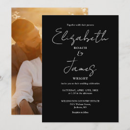 Zwart-wit minimalistisch script foto-huwelijk kaart