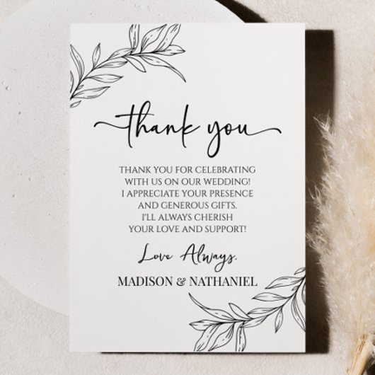Zwart Wit Minimalistisch Tak Blad Bruiloft Bedankkaart
