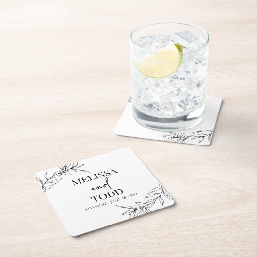 Zwart Wit Minimalistisch Tak Blad Bruiloft Kartonnen Onderzetters (Insitu)