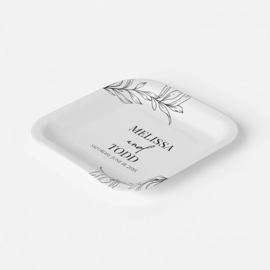 Zwart Wit Minimalistisch Tak Blad Bruiloft Papieren Bordje (Gebogen)