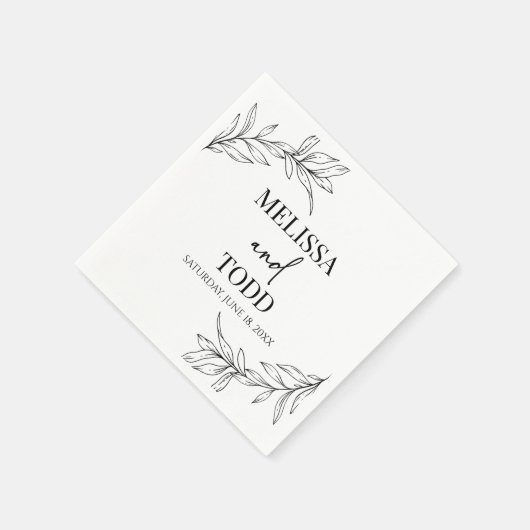Zwart Wit Minimalistisch Tak Blad Bruiloft Servet (Hoek)