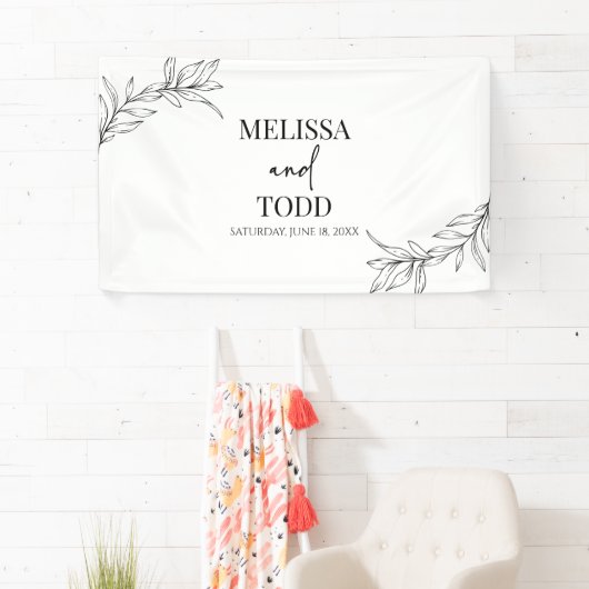 Zwart Wit Minimalistisch Tak Blad Bruiloft Spandoek (Insitu)