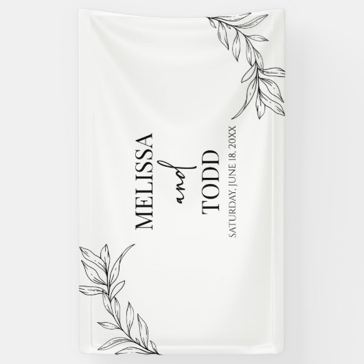 Zwart Wit Minimalistisch Tak Blad Bruiloft Spandoek (Verticaal)