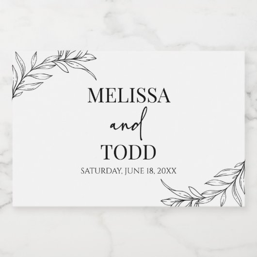 Zwart Wit Minimalistisch Tak Blad Bruiloft Sparkling Wijnetiket (Enkel label)