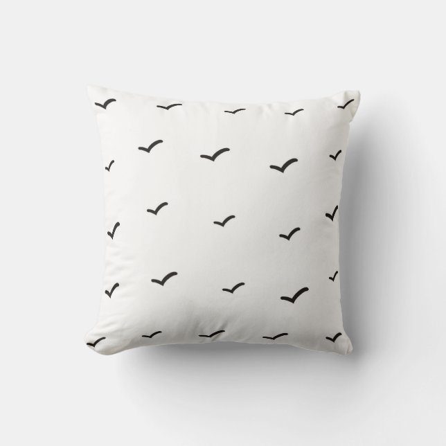 Zwart-wit minimalistisch vogels patroon/print kussen (Voorkant)