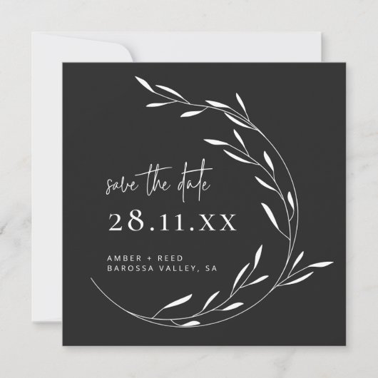 Zwart wit minimalistisch Wreath Square Save the Da Date (Voorkant)