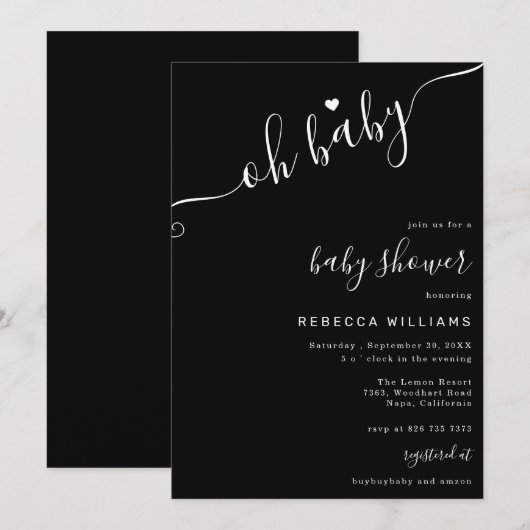 Zwart-wit Minimalistische Baby shower Invitation Kaart (Voorkant / Achterkant)