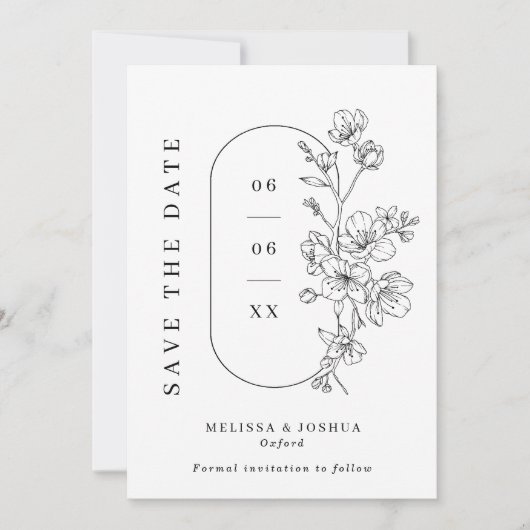 Zwart-wit minimalistische bloemenfoto bruiloft save the date (Voorkant)