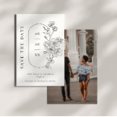 Zwart-wit minimalistische bloemenfoto bruiloft save the date