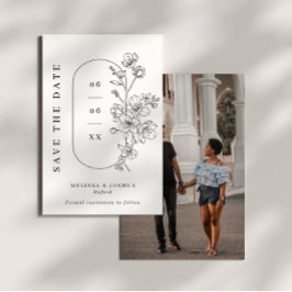 Zwart-wit minimalistische bloemenfoto bruiloft save the date