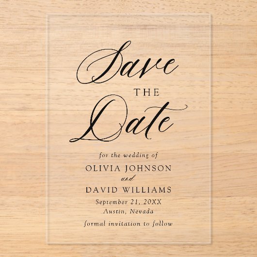 Zwart-wit minimalistische bruiloft Bewaar de datum Acryl Uitnodigingen (Voorkant)