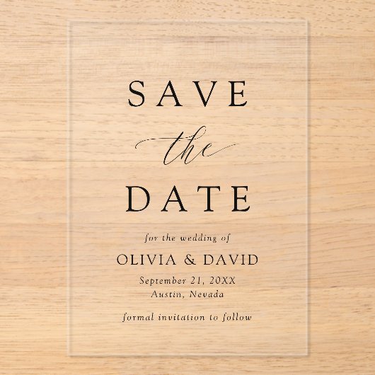 Zwart-wit minimalistische bruiloft Bewaar de datum Acryl Uitnodigingen (Voorkant)