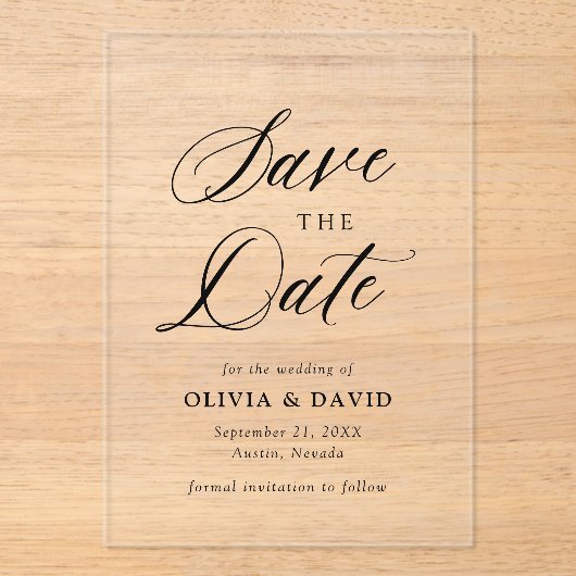 Zwart-wit minimalistische bruiloft Bewaar de datum Acryl Uitnodigingen (Voorkant)