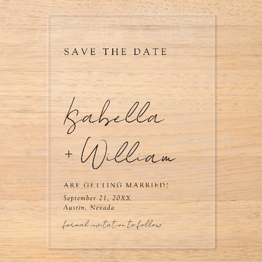 Zwart-wit minimalistische bruiloft Bewaar de datum Acryl Uitnodigingen (Voorkant)