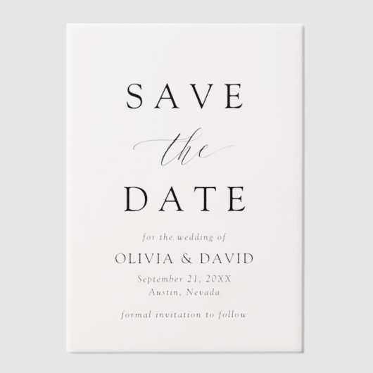 Zwart-wit minimalistische bruiloft Bewaar de datum Vellum Uitnodigingen (Voorkant)
