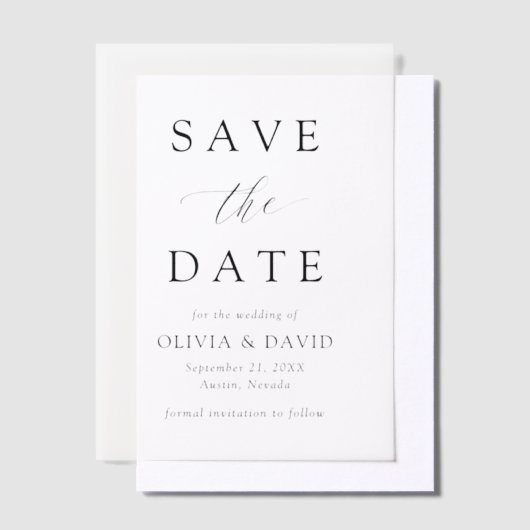 Zwart-wit minimalistische bruiloft Bewaar de datum Vellum Uitnodigingen (Offset)