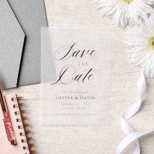 Zwart-wit minimalistische bruiloft Bewaar de datum Vellum Uitnodigingen