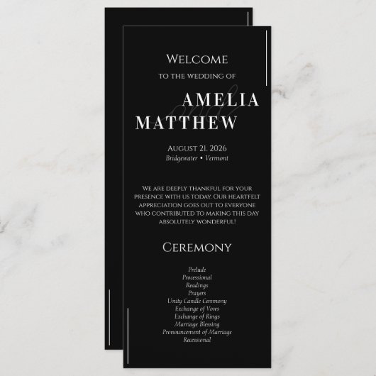 Zwart-wit minimalistische bruiloft programmakaart (Voorkant / Achterkant)