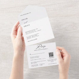 Zwart-wit minimalistische bruiloft QR-code RSVP All In One Uitnodiging