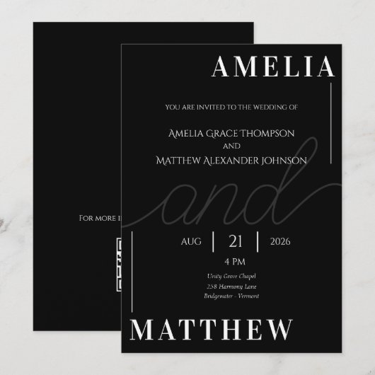 Zwart-wit minimalistische bruiloft uitnodiging (Voorkant / Achterkant)