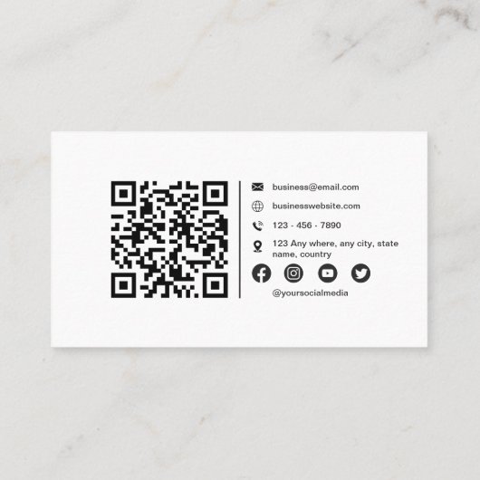 Zwart-wit minimalistische elegante scanbare QR-cod Visitekaartje (Achterkant)