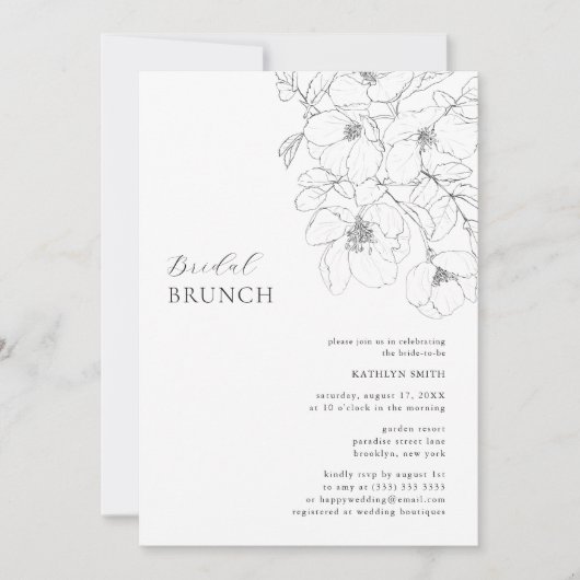 Zwart-wit Minimalistische Floral Bridal Brunch Kaart (Voorkant)
