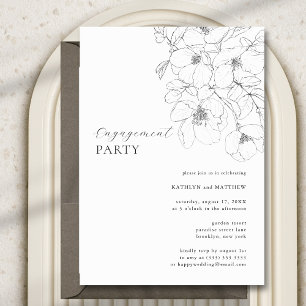 Zwart-wit minimalistische Floral Engagement Party Kaart