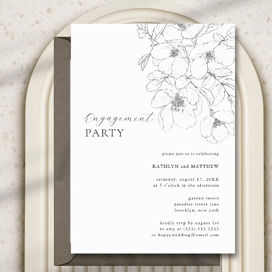 Zwart-wit minimalistische Floral Engagement Party Kaart