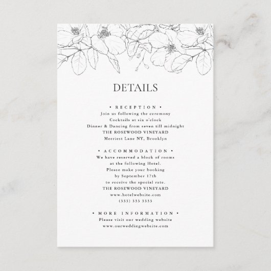 Zwart-wit Minimalistische Floral Moderne Bruiloft Informatiekaartje (Voorkant)